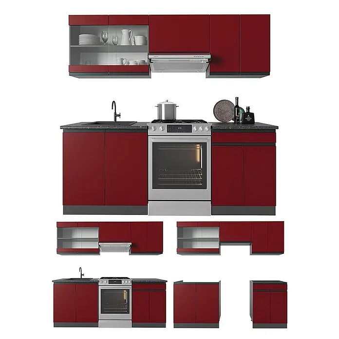 Küchenzeile R-Line 200 cm Rot Art.-Nr. 43130 -  - Komplette dunkelrote Küchenzeile mit Ober- und Unterschränken, Spüle und Edelstahlherd mit Backofen.