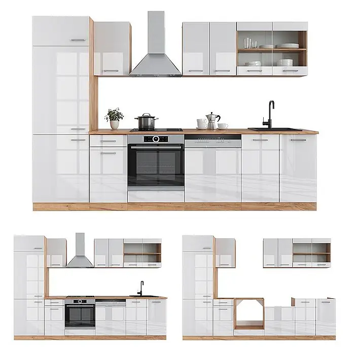 Küchenzeile R-Line 300 cm Weiß Hochglanz Art.-Nr. 43058 -  - Moderne Küchenzeile mit hochglänzenden weißen Fronten und Holzdekor-Akzenten, inklusive Backofen, Kochfeld, Spüle, Geschirrspüler und Dunstabzugshaube.