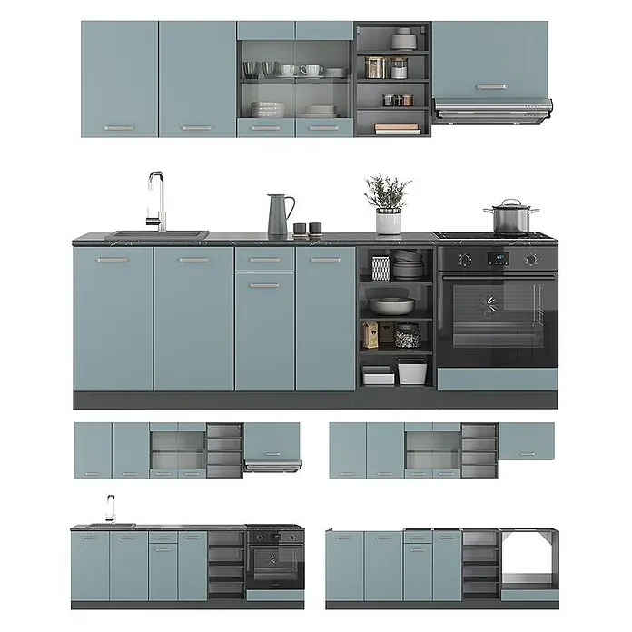 Vicco Küchenzeile R-Line, Blau-Grau/Anthrazit, 240 cm -  - Modulares Küchenset in Hellblau mit dunkelgrauen Arbeitsplatten, Spüle, Kochfeld, Backofen und offenen Regalen, in verschiedenen Anordnungen.