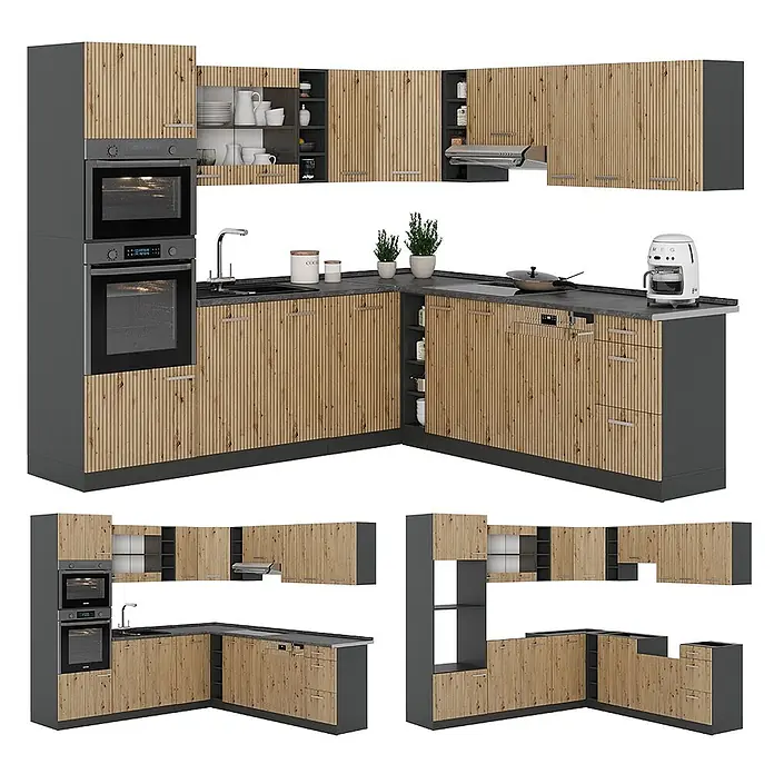 Eckküche R-Line 247 cm Artisan-Eiche Art.-Nr. 48967 -  - L-förmige Küche mit Holzoptikfronten und grauen Schränken, inklusive integrierter Öfen, Spüle und Geschirrspüler.