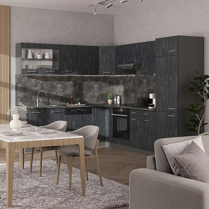Vicco Eckküche R-Line, Schwarz Beton/Anthrazit, 287 x 227 cm -  - Eine moderne dunkelgraue Küchenzeile in Holzoptik mit Einbaugeräten und passender Spritzschutzwand in einem offenen Wohn- und Essbereich.