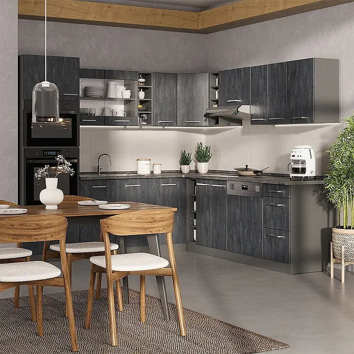 Vicco Eckküche R-Line, Schwarz Beton/Anthrazit, 247 x 237 cm -  - Dunkelgraue Küchenschränke in Holzoptik mit integrierten Geräten und ein heller Holzesstisch mit Stühlen in einem modernen Küchen-Essbereich.