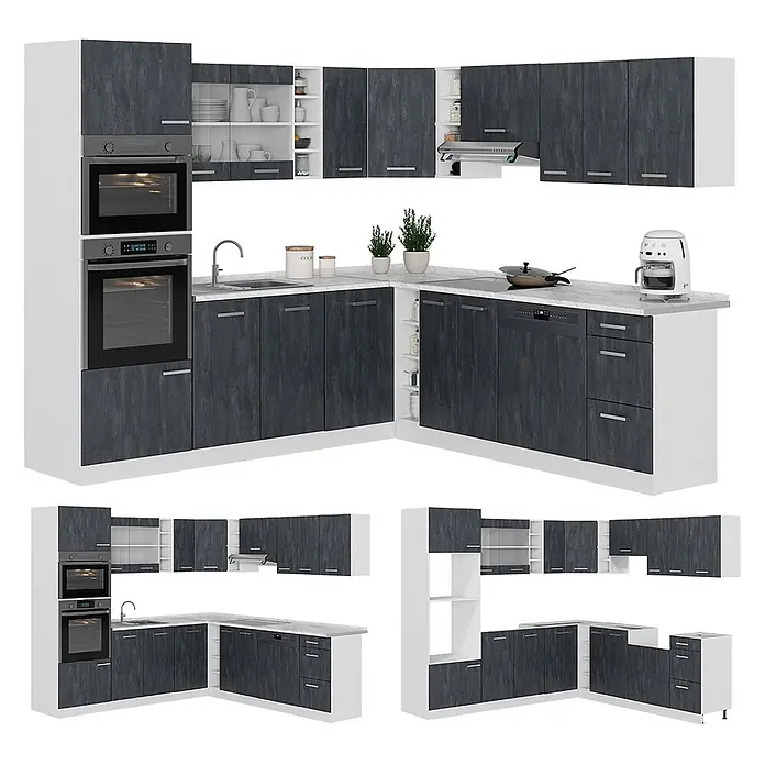Vicco Einbauküche in L-Form R-Line, Schwarz Beton/Weiß, 247 x 237 cm -  - Moderne L-förmige Küchenzeile mit dunkelgrauen Holzmaserungsfronten, weißen Rahmen, heller Arbeitsplatte und integrierten Geräten.