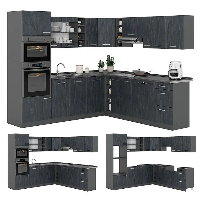 Vicco Eckküche R-Line, Schwarz Beton/Anthrazit, 247 x 237 cm -  - L-förmige Küchenzeile in dunkelgrauer Holzoptik mit integrierten Öfen, Spüle und Kochfeld, inklusive Ober- und Unterschränken.
