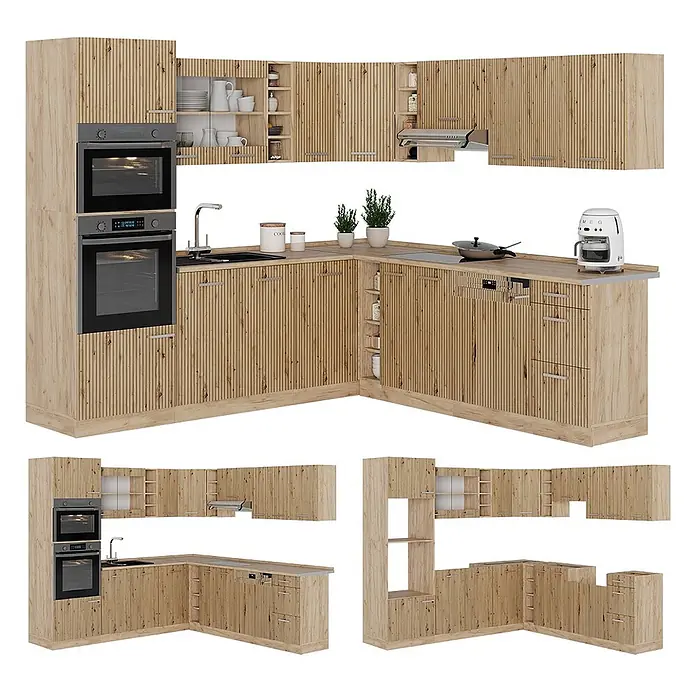 Eckküche R-Line 247 cm Artisan-Eiche Art.-Nr. 48933 -  - L-förmige Küchenmöbel aus hellem Holz mit vertikal geriffeltem Muster, inklusive Einbaubacköfen, Spüle und verschiedenen Stauraummodulen.