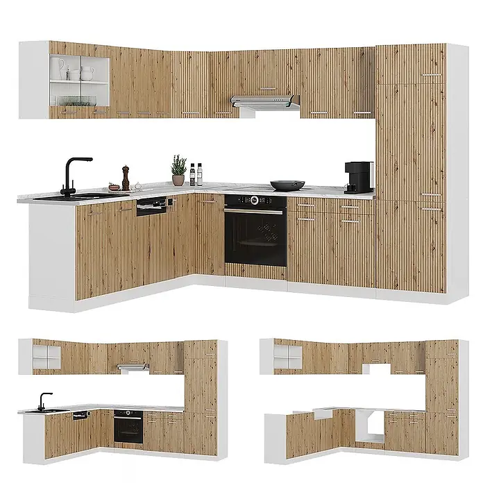 Eckküche R-Line 287 cm Artisan-Eiche Art.-Nr. 48982 -  - Moderne L-förmige Küchenzeile mit hellen Holz-Effekt-Schränken und weißen Rahmen, inklusive integrierter Spüle, Backofen und Geschirrspüler.
