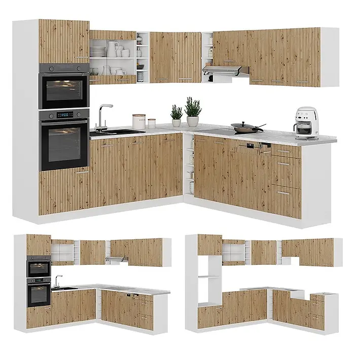 Eckküche R-Line 247 cm Artisan-Eiche Art.-Nr. 49005 -  - L-förmige Modulküche mit hellen Holzlamellentüren, weißen Rahmen und integrierten Geräten.