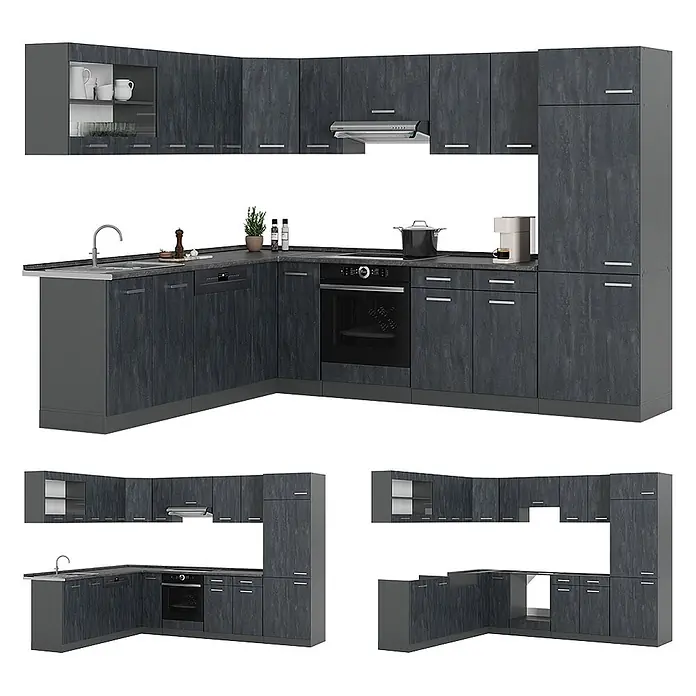 Vicco Eckküche R-Line, Schwarz Beton/Anthrazit, 287 x 227 cm -  - L-förmige anthrazitfarbene Küche mit texturierten Oberflächen, Spüle, Backofen, Kochfeld und Schränken.