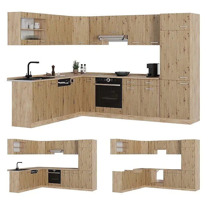 Eckküche R-Line 287 cm Artisan-Eiche Art.-Nr. 48910 -  - Helle Holz-Eckküche mit gerillten Fronten, Spüle, Ofen, Geschirrspüler und Oberschränken, teils mit Glas.