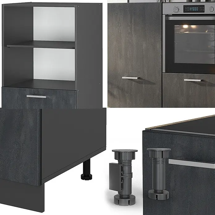 Vicco Küchenleerblock R-Line Schwarz Beton/Anthrazit ohne Arbeitsplatte - Schwarz Beton - Dunkelgraue modulare Küchenschränke in Betonoptik mit Regalen, Schubladen, Ofen und verstellbaren Möbelfüßen.