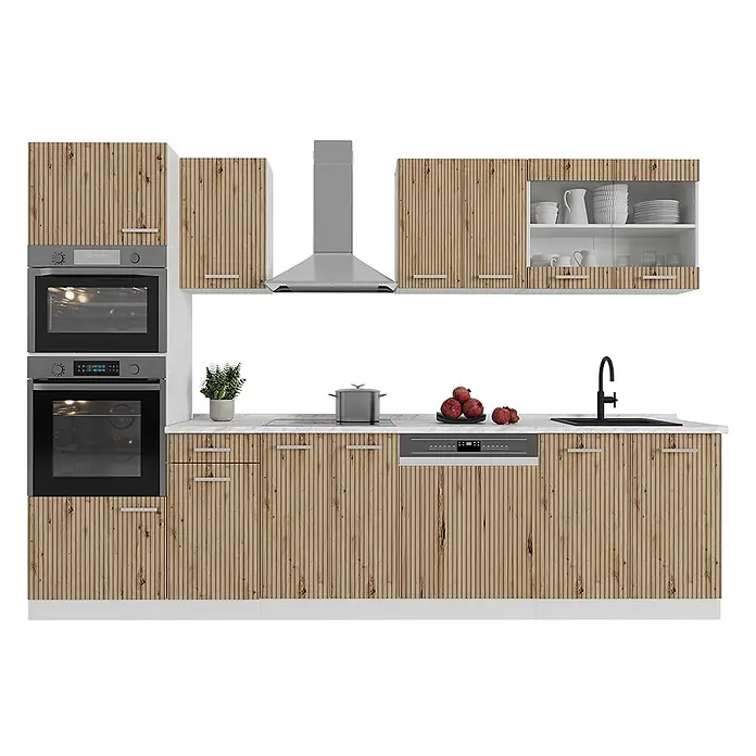 Küchenzeile R-Line 300 cm Artisan-Eiche Art.-Nr. 48979 -  - Moderne Küchenzeile mit hellen Holzlamellenfronten, weißer Arbeitsplatte, grauen Einbaugeräten und schwarzer Spüle.