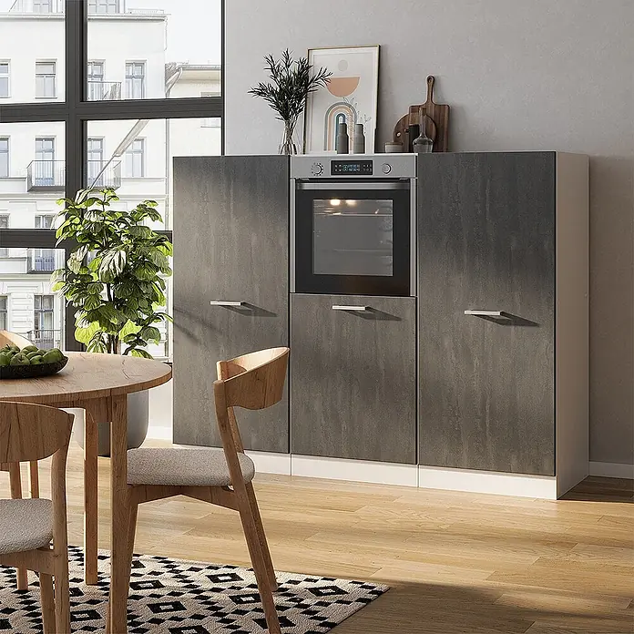 Vicco Küchenleerblock R-Line Schwarz Beton/Weiß ohne Arbeitsplatte - Schwarz Beton - Dunkelgraue Küchenschrank-Einheit mit integriertem Backofen und weißem Sockel, in modernem Ambiente.