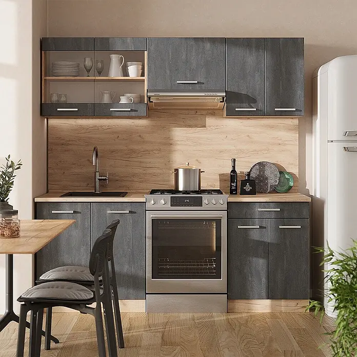 Vicco Küchenzeile R-Line, Schwarz Beton/Goldkraft Eiche, 200 cm -  - Moderne Küche mit dunkelgrauen Schränken, Holz-Arbeitsplatten und integrierten Geräten.