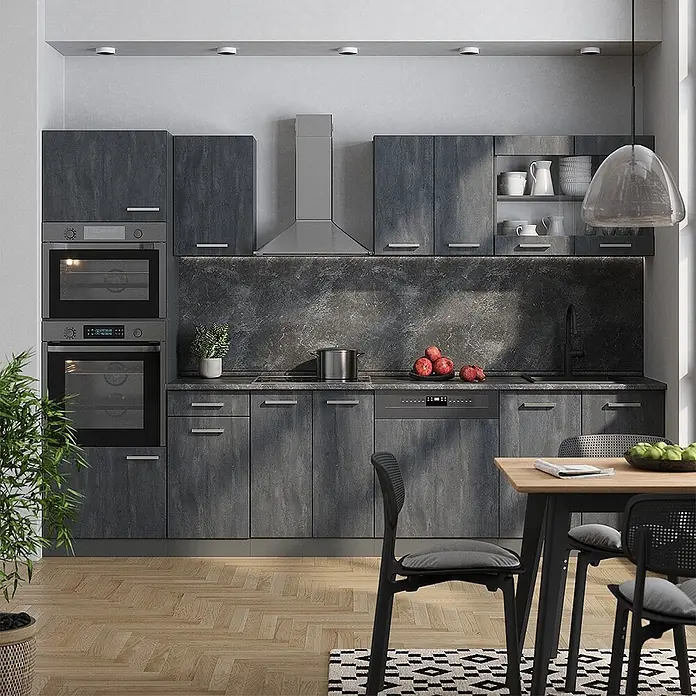 Vicco Küchenzeile R-Line, Schwarz Beton, 300 cm -  - Moderne dunkelgraue Küche mit strukturierten Schränken, Einbaugeräten und Essbereich. Dunkelgraue Arbeitsplatten und Spritzschutz.