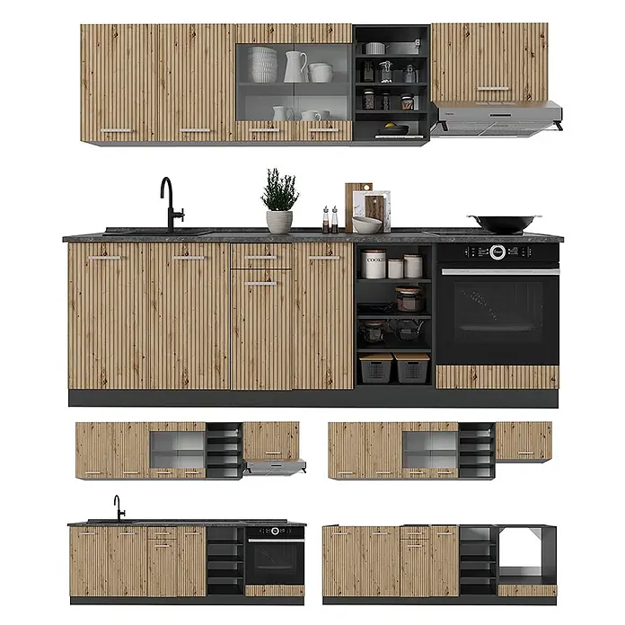 Vicco Küchenzeile R-Line, Artisan Eiche/Anthrazit, 240 cm -  - Moderne Küchenzeile mit geriffelten hellen Holzfronten, dunkelgrauen Arbeitsplatten und integrierten Geräten. Umfasst Ober- und Unterschränke.