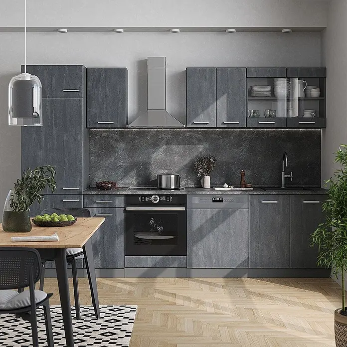 Vicco Küchenzeile R-Line, Schwarz Beton/Anthrazit, 300 cm -  - Eine moderne dunkelgraue Küche mit integrierten Geräten, passender Rückwand und hellem Holzboden, die eine komplette Kücheneinrichtung zeigt.
