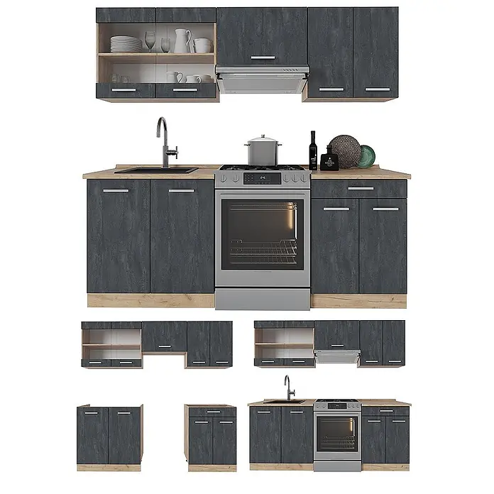 Vicco Küchenzeile R-Line, Schwarz Beton/Goldkraft Eiche, 200 cm -  - Modulares Küchenset mit dunkelgrauen Schränken und Holz-Optik-Akzenten. Mit Ober- und Unterschränken, Spüle und Herd/Backofenbereich.