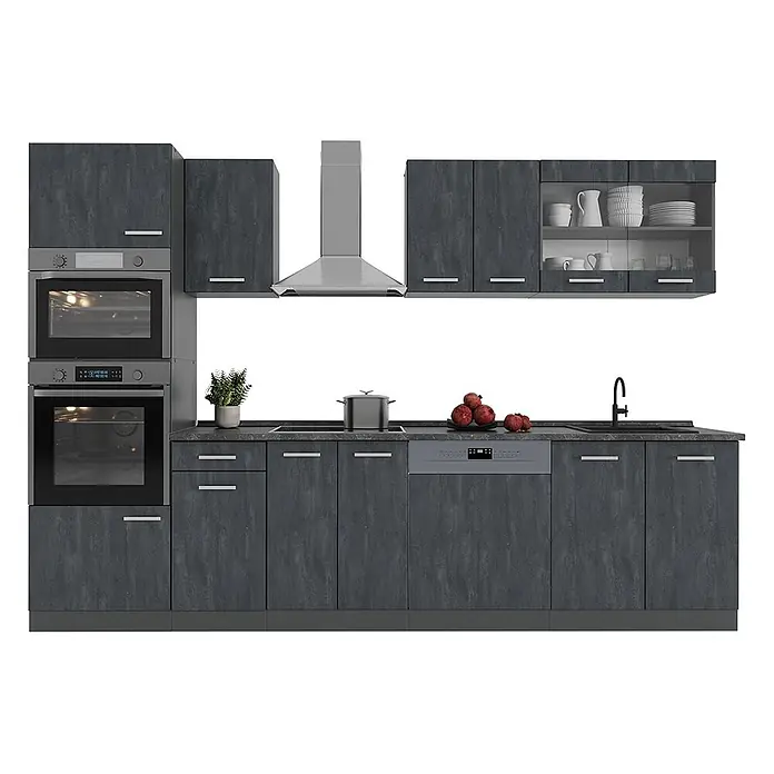 Vicco Küchenzeile R-Line, Schwarz Beton, 300 cm -  - Moderne dunkelgraue Küchenzeile mit integrierten Öfen, Geschirrspüler, Kochfeld und Spüle, mit strukturierten Fronten.