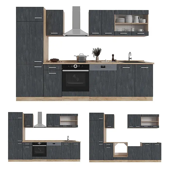 Vicco Küchenzeile R-Line, Schwarz Beton/Goldkraft Eiche, 300 cm -  - Dunkelgraue modulare Küchenzeile mit Holzoptik-Akzenten, inklusive Schränken, Backofen, Geschirrspüler und Spüle.