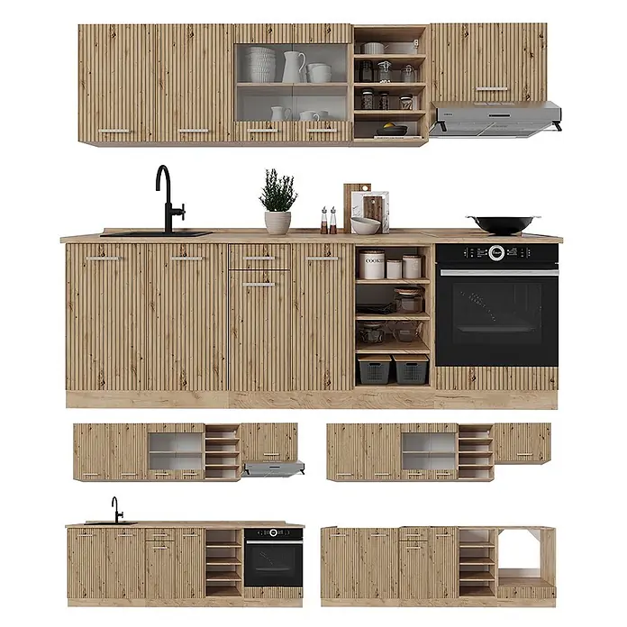 Vicco Küchenzeile R-Line, Artisan-Eiche/Goldkraft Eiche, 240 cm -  - Moderne Küchenmöbel aus hellem Holz mit vertikalem Latten-Design, inklusive Ober- und Unterschränken, Spüle und Backofen.