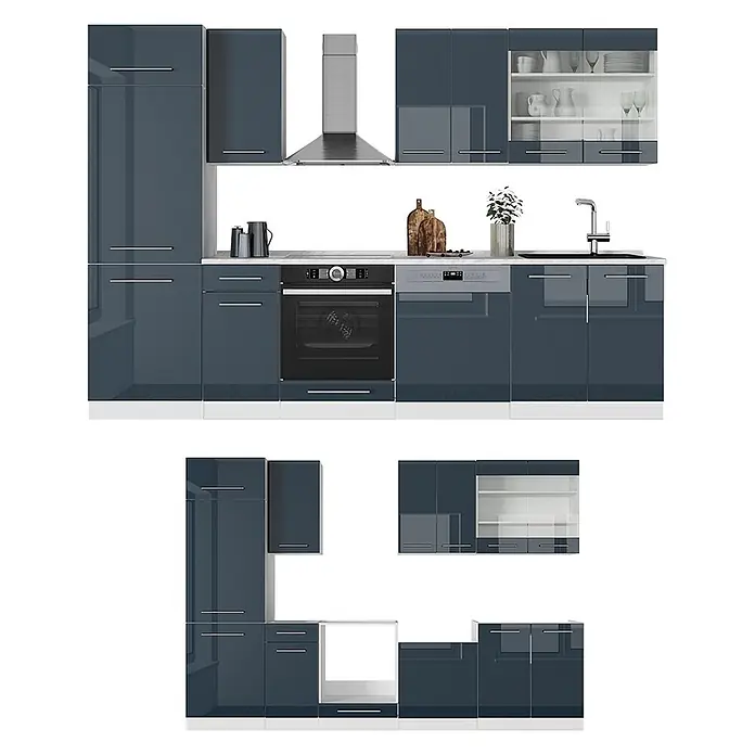 Vicco Küchenzeile Fame-Line, Dunkelblau Hochglanz/Weiß, 300 cm -  - Moderne Modulküche in glänzendem Dunkelblau mit weißen Arbeitsplatten und integrierten Geräten.