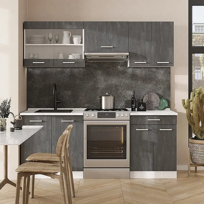 Vicco Küchenzeile R-Line, Schwarz Beton/Weiß, 200 cm -  - Moderne dunkelgraue Küchenzeile mit weißer Arbeitsplatte, Spüle, Herd, Backofen und Dunstabzugshaube im Kücheninneren.