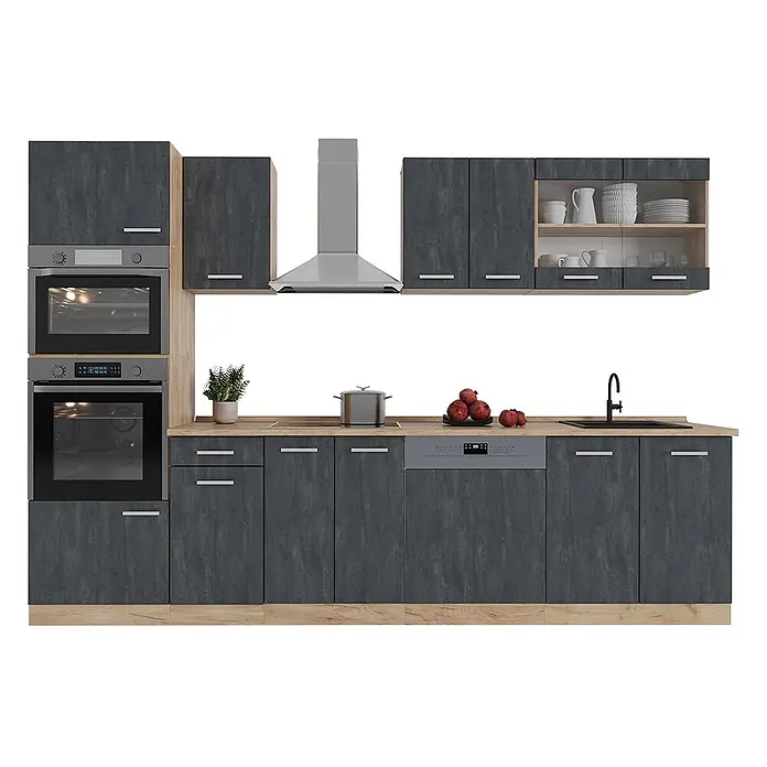Vicco Küchenzeile R-Line, Schwarz Beton/Goldkraft Eiche, 300 cm -  - Moderne Modulküche mit dunkelgrauen Schränken, Holzoptik-Arbeitsplatten und integrierten Edelstahlöfen, Kochfeld und Geschirrspüler.