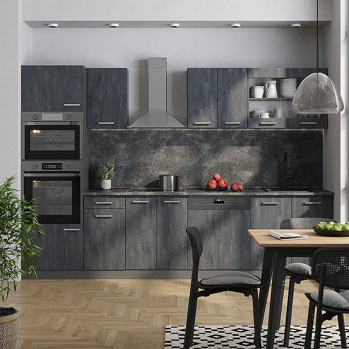 Vicco Küchenzeile R-Line, Schwarz Beton, 300 cm -  - Moderne dunkelgraue Küche mit strukturierten Schränken, integriertem Ofen, Mikrowelle und Geschirrspüler.