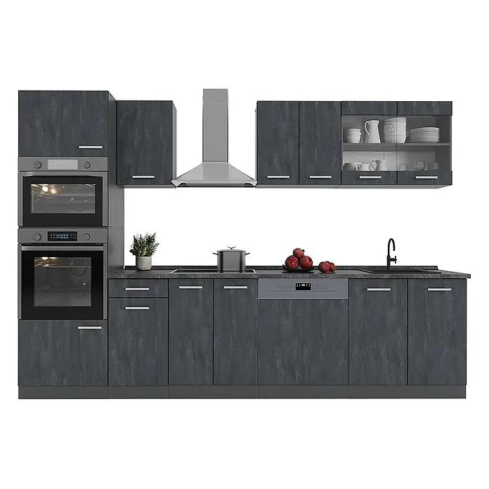 Vicco Küchenzeile R-Line, Schwarz Beton, 300 cm -  - Dunkelgraue, strukturierte Einbauküche mit integrierten Öfen, Spülmaschine, Spüle, Kochfeld und Dunstabzugshaube, mit mehreren Schränken.
