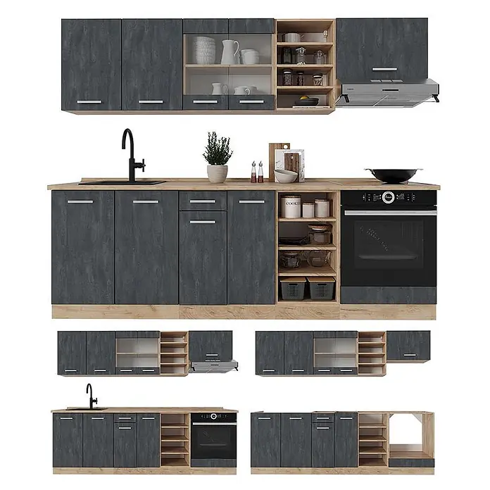 Vicco Küchenzeile R-Line, Schwarz Beton/Goldkraft Eiche, 240 cm -  - Modulare Küchenzeile mit dunkelgrauen Türen, heller Holzplatte, integriertem Backofen, Spüle und Dunstabzugshaube, mit vielfältigem Stauraum.