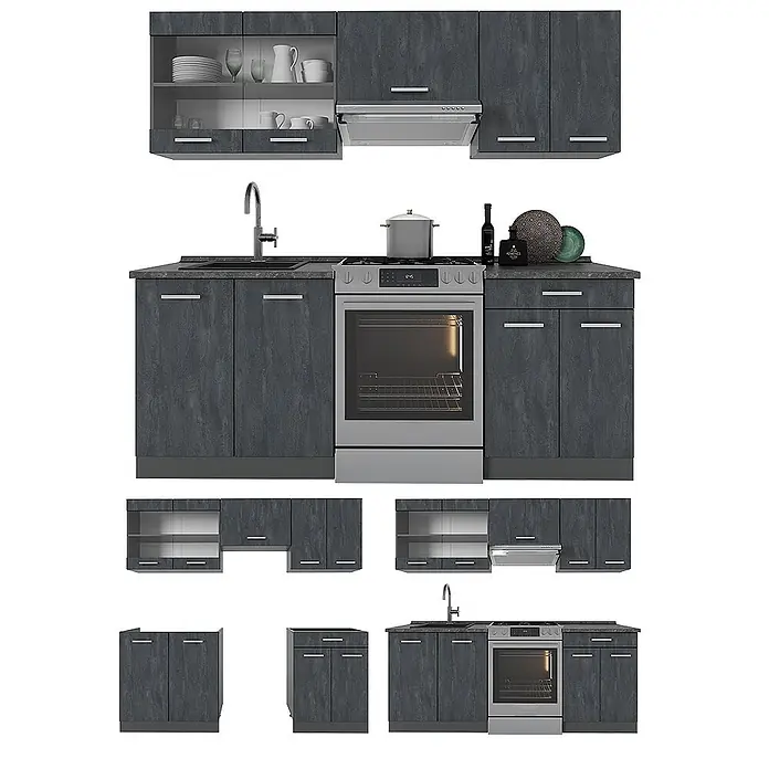 Vicco Küche R-Line, Schwarz Beton/Anthrazit, 200 cm -  - Komplettes modulares Küchenset in Dunkelgrau mit strukturierten Fronten, mit anpassbaren Unter- und Oberschränken sowie Spüle und Geräten.