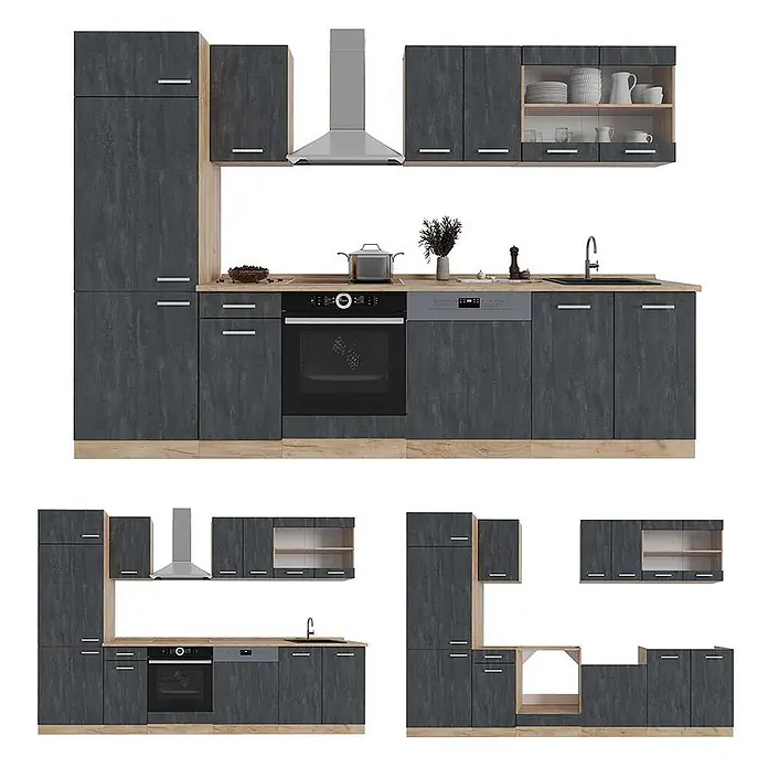 Vicco Küchenzeile R-Line, Schwarz Beton/Goldkraft Eiche, 300 cm -  - Moderne dunkelgraue Küchenzeile mit hellen Holzdetails, integrierten Geräten und modularem Design.