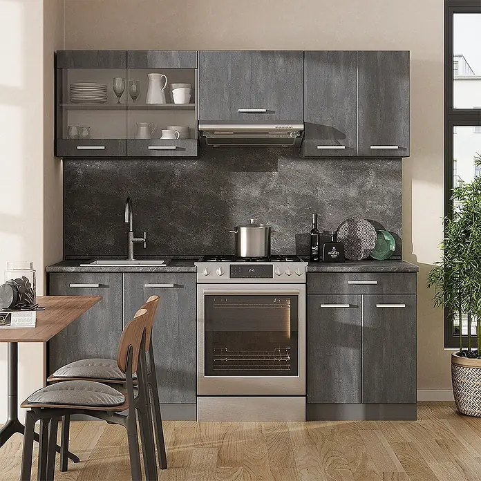 Vicco Küche R-Line, Schwarz Beton/Anthrazit, 200 cm -  - Moderne dunkelgraue Küchenmöbel mit texturierten Schränken und Arbeitsplatten, integriertem Ofen und Spüle, in einer zeitgenössischen Küche.