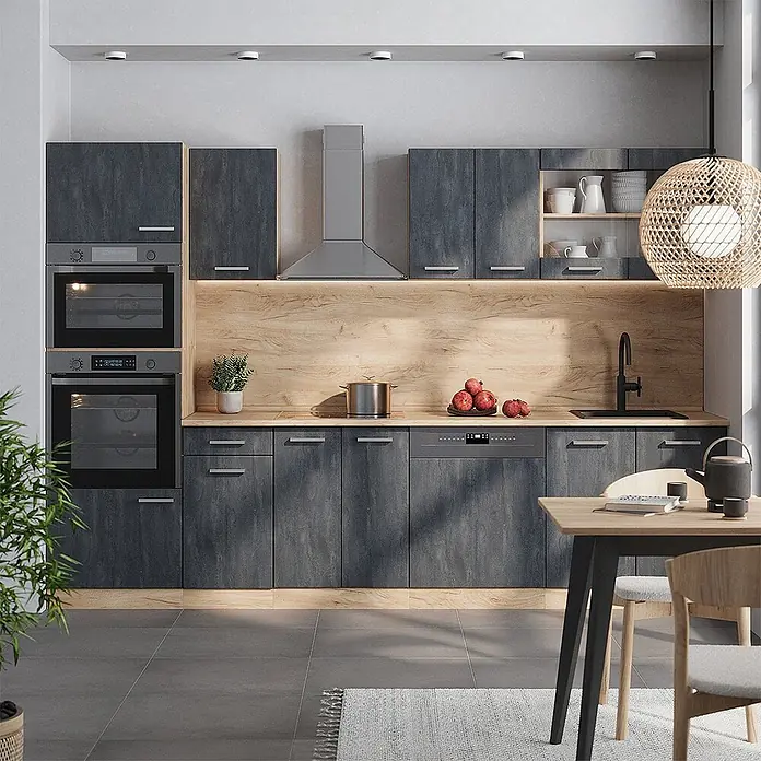 Vicco Küchenzeile R-Line, Schwarz Beton/Goldkraft Eiche, 300 cm -  - Moderne Küche mit dunkelgrauen strukturierten Schränken, hellen Holz Akzenten, Einbaugeräten und Essbereich.