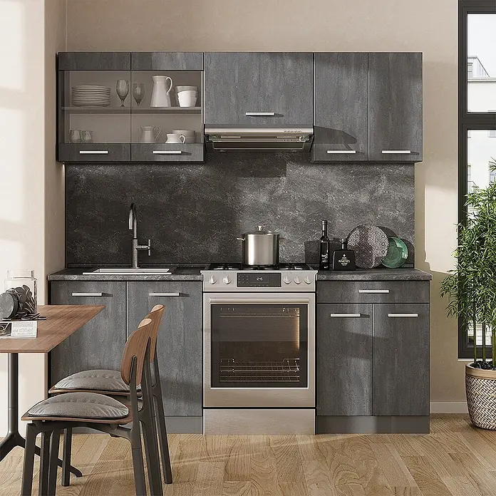 Vicco Küchenzeile R-Line, Schwarz Beton/Anthrazit, 200 cm -  - Komplette Modulküche in dunkelgrauer Betonoptik, mit Spüle, Herd, Backofen, Dunstabzugshaube und diversen Schränken inklusive Glastüren.