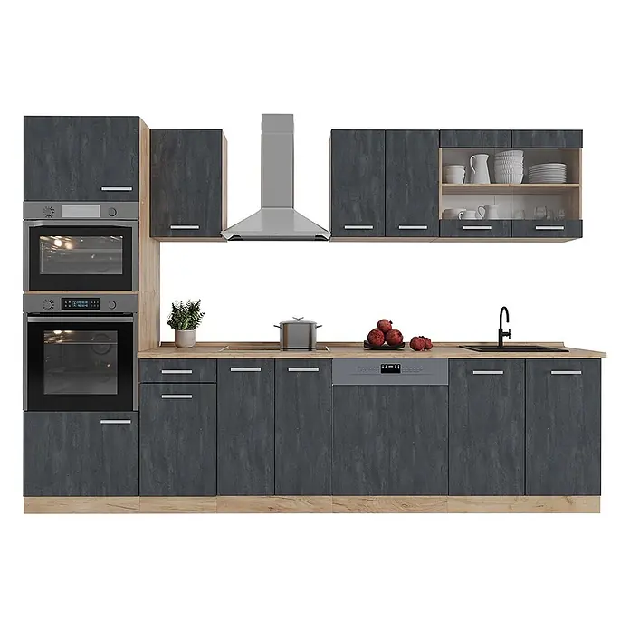 Vicco Küchenzeile R-Line, Schwarz Beton/Goldkraft Eiche, 300 cm -  - Modulare Küche mit dunkelgrauen strukturierten Schränken und Holz-Arbeitsplatten, inklusive integrierten Öfen, Kochfeld, Dunstabzug, Spüle und Geschirrspüler.
