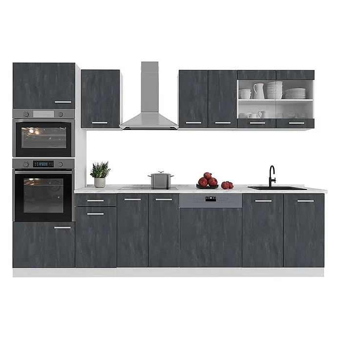 Vicco Küchenzeile R-Line, Schwarz Beton, 300 cm -  - Dunkelgraue modulare Küche mit strukturierten Schränken, weißen Arbeitsplatten, integrierten Öfen, Dunstabzugshaube, Spüle und Geschirrspüler.