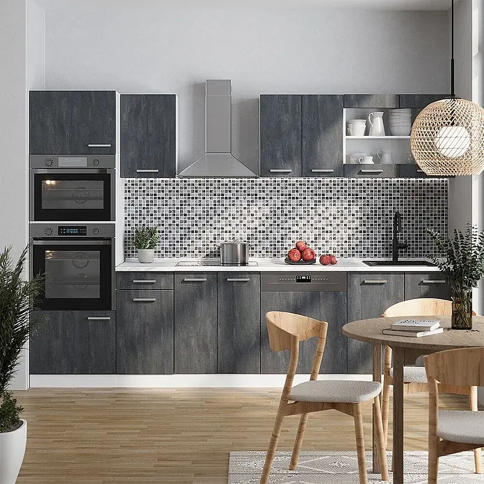 Vicco Küchenzeile R-Line, Schwarz Beton, 300 cm -  - Moderne dunkelgraue Küchenmöbel in Holzmaserung mit integrierten Geräten.