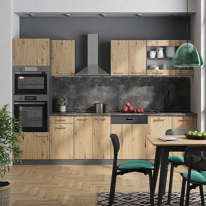 Vicco Küchenzeile R-Line, Artisan-Eiche, 300 cm -  - Moderne Küche mit hellen gerippten Holzschränken und dunkelgrauen Wänden, mit integrierten Geräten.