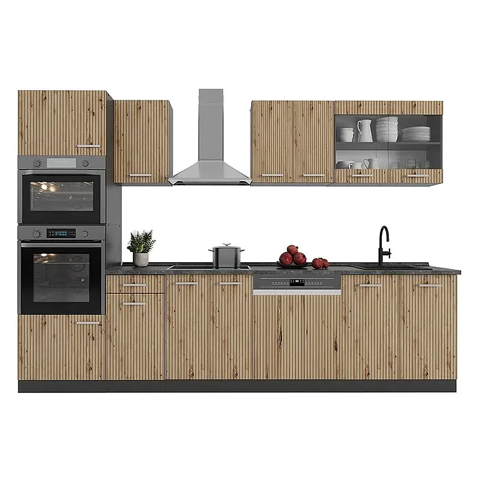 Vicco Küchenzeile R-Line, Artisan-Eiche, 300 cm -  - Moderne Einbauküche mit Lamellenfronten in Holzoptik, dunklen Arbeitsplatten, Einbauöfen, Kochfeld, Spüle und Geschirrspüler.