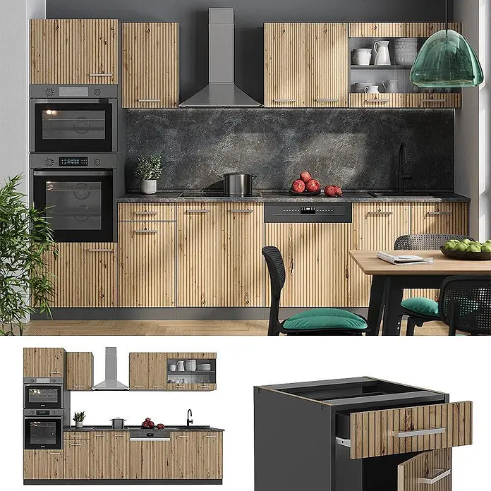 Vicco Küchenzeile R-Line, Artisan-Eiche, 300 cm -  - Moderne Küchenzeile mit hellen Holzlamellenfronten und dunkelgrauen Elementen, inklusive integrierter Öfen und Spülmaschine.