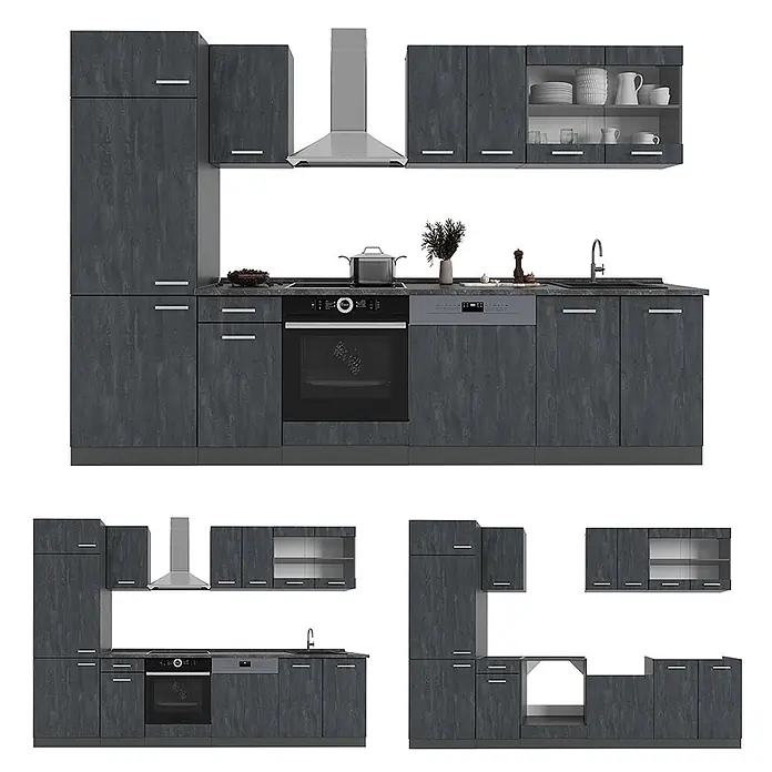 Vicco Küche R-Line, Schwarz Beton/Anthrazit, 300 cm -  - Eine dunkelgraue Modulküche mit Holzmaserung, Schränken, integriertem Backofen, Kochfeld, Geschirrspüler, Spüle und Dunstabzugshaube, in mehreren Konfigurationen gezeigt.