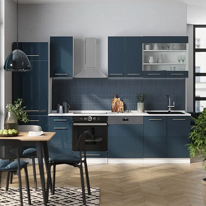 Vicco Küchenzeile Fame-Line, Dunkelblau Hochglanz/Weiß, 300 cm -  - Moderne Küchenzeile mit glänzenden dunkelblauen Schränken, integriertem Backofen, Geschirrspüler und Spüle, in einem funktionalen Design.