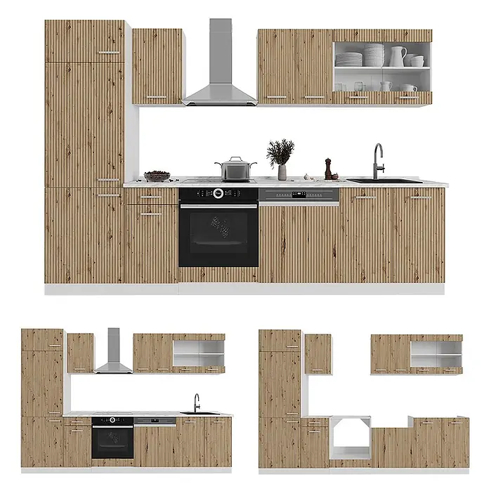 Küchenzeile R-Line 300 cm Artisan-Eiche Art.-Nr. 48973 -  - Komplette Küche mit weißen Schränken und Holzoptik-Lamellenfronten, integrierten Geräten und verschiedenen Konfigurationen.