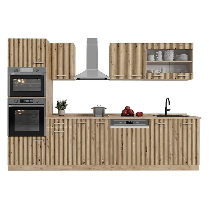 Vicco Küchenzeile R-Line, Artisan-Eiche/Goldkraft Eiche, 300 cm -  - Moderne Einbauküche aus hellem Holz mit vertikalen Lamellen, inklusive integrierter Öfen, Geschirrspüler, Kochfeld, Dunstabzugshaube und Spüle.