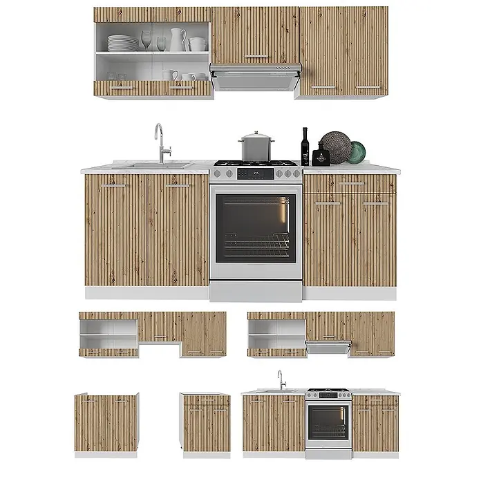 Küchenzeile R-Line 200 cm Artisan-Eiche Art.-Nr. 48990 -  - Modulare Küche mit hellen Holzlamellentüren, weißen Arbeitsplatten und integriertem Backofen.