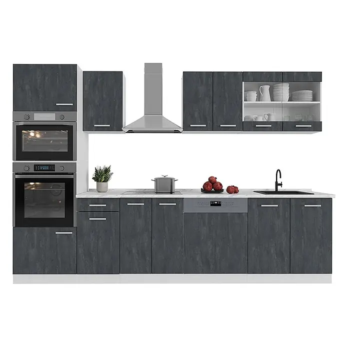 Vicco Komplettküche R-Line, Schwarz Beton, 300 cm -  - Moderne dunkelgraue Küchenzeile mit integrierten Backöfen, Kochfeld, Spüle, Geschirrspüler und Dunstabzugshaube, mit weißer Arbeitsplatte in Marmoroptik.
