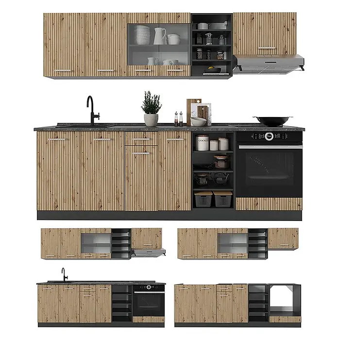 Vicco Küchenzeile R-Line, Artisan Eiche/Anthrazit, 240 cm -  - Moderne Küchenmöbelgarnitur mit gerippten hellen Holzfronten, dunkelgrauen Arbeitsplatten und integrierten Geräten. Inklusive Ober- und Unterschränken, Backofen und Spüle.