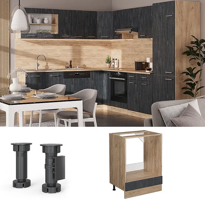 Vicco Herdumbauschrank R-Line, Schwarz Beton, 60 cm -  - Moderne Küche in Dunkelgrau und Holzoptik mit Einbaugeräten; zeigt verstellbare Schrankfüße und einen Ofenunterschrank.