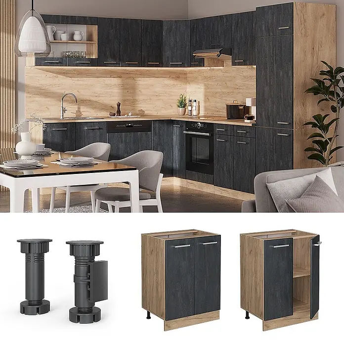 Vicco Küchenunterschrank R-Line, Schwarz Beton, 60 cm -  - Modulares Küchensystem in Dunkelgrau und hellem Holz, inklusive verschiedener Schränke und verstellbarer Füße.